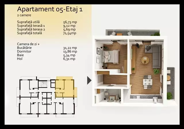 Apartament 2 camere in Buna Ziua