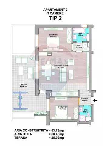 Apartament 3 camere cu terasa de vanzare Ultracentral