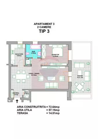 Apartament 2 camere cu terasă de vânzare ultracentral