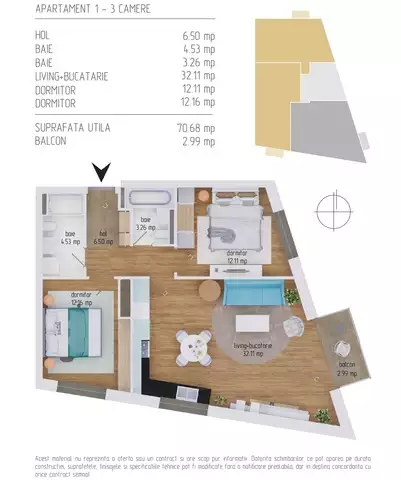 Vanzare apartament, 3 camere, in Baciu, zona Centru