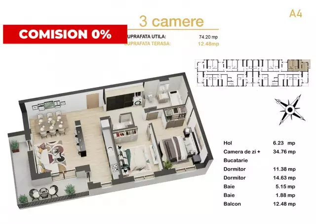 Apartament de vanzare 3 camere balcon si parcare in zona Mall Selimbar