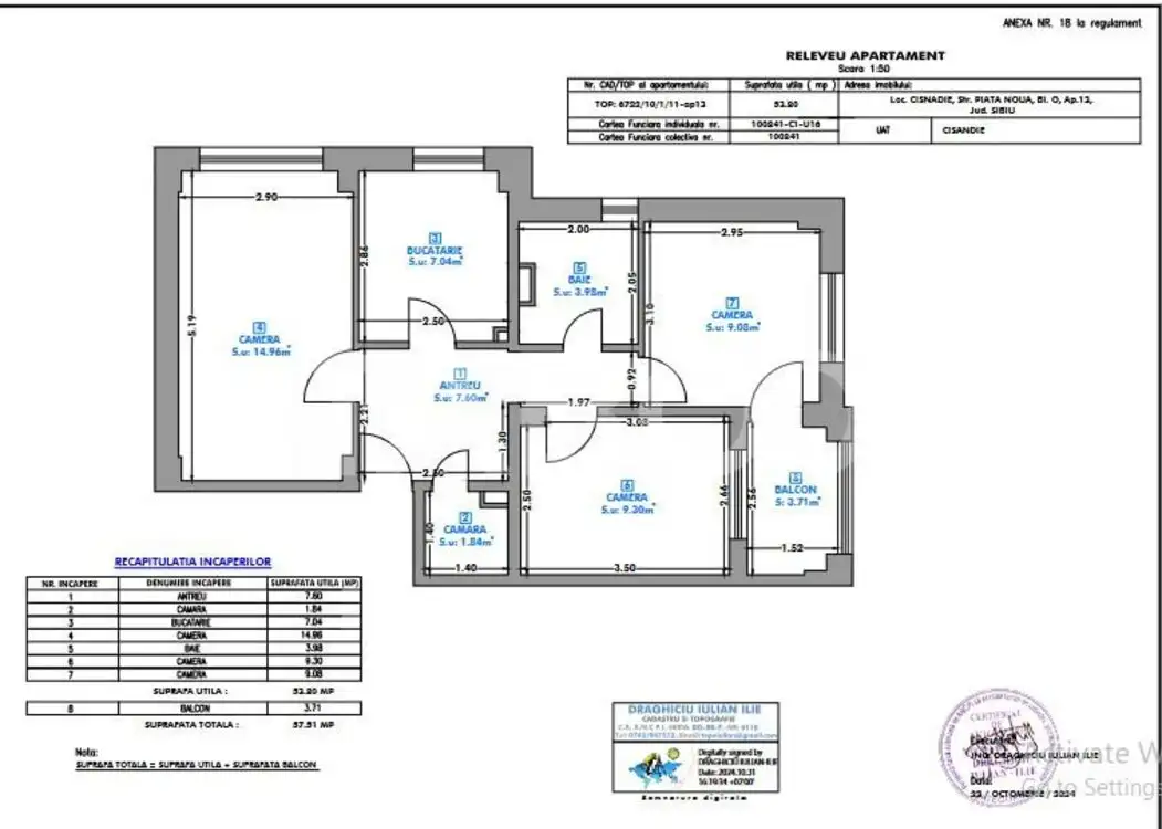 Apartament luminos calduros 3 camere 55 mp etaj 3 Piata Noua Cisnadie