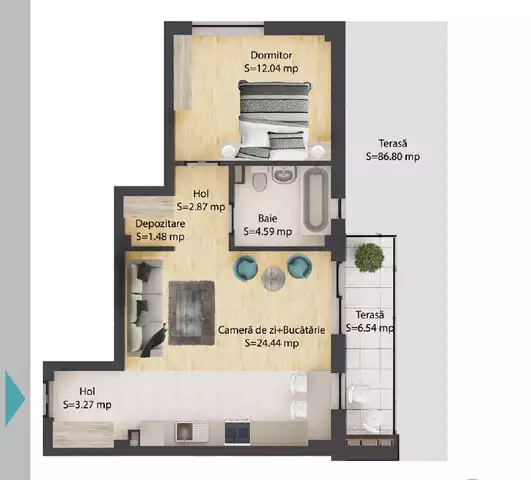 Apartament 2 camere,48,7 mp, terasa 93 mp, parcare subterana, Baciu