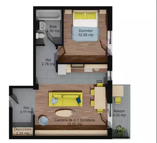 Apartament 2 camere, 50,86mp, baie, balcon 4,5mp, parcare, Baciu